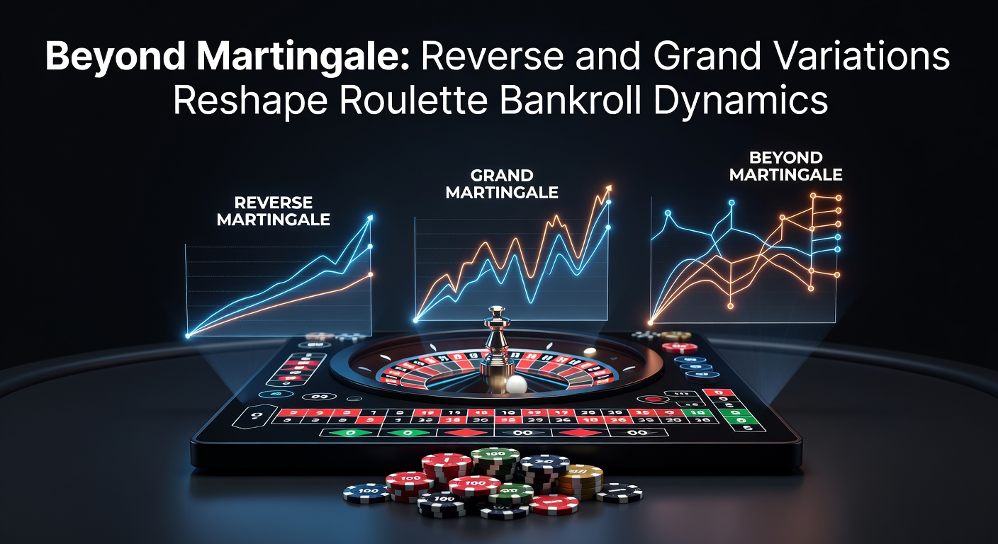 Roulette wheel spinning with chips stacked in progressive betting patterns, illustrating Martingale variations in action
