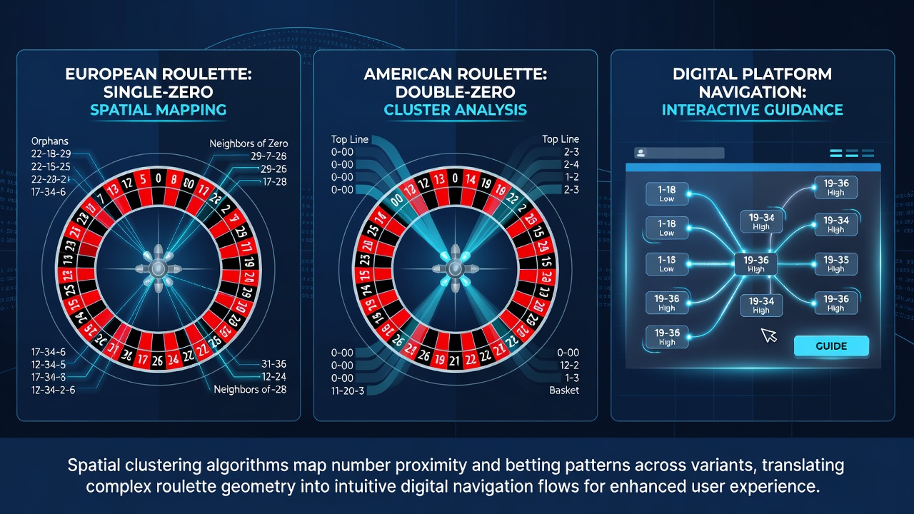 Interactive screenshot of a digital roulette platform displaying spatial cluster overlays on multiple wheel variants