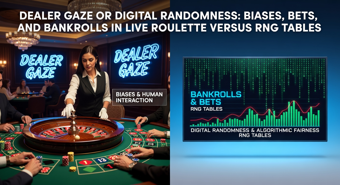 Split-screen comparison of RNG roulette interface on digital screen versus live dealer table with wheel in motion