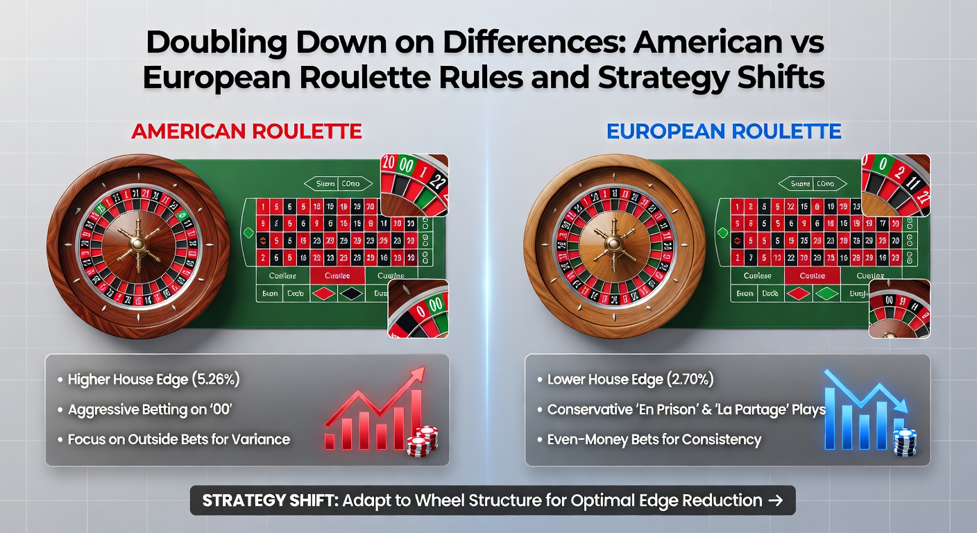 Infographic breaking down house edges, payout odds, and special rules for American versus European roulette variants