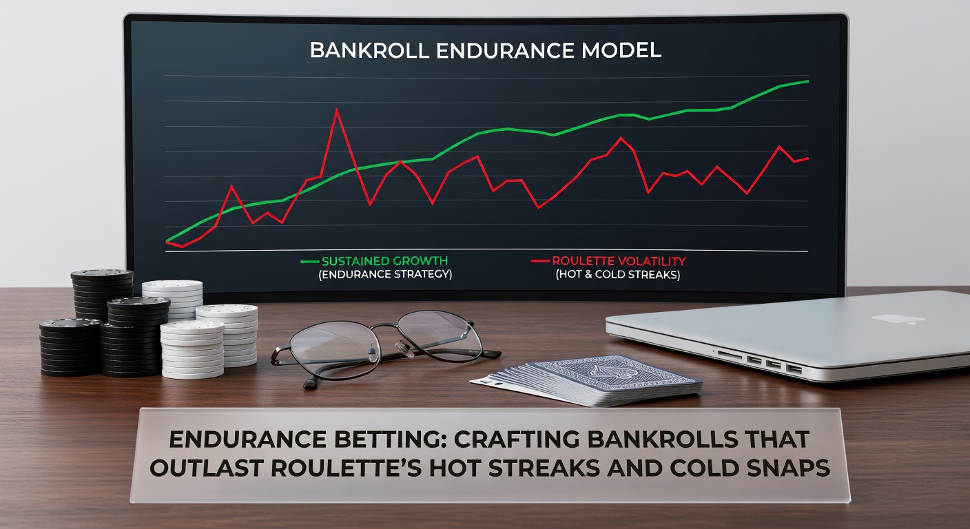 Roulette wheel spinning amidst fluctuating bankroll graphs, symbolizing endurance through hot and cold streaks