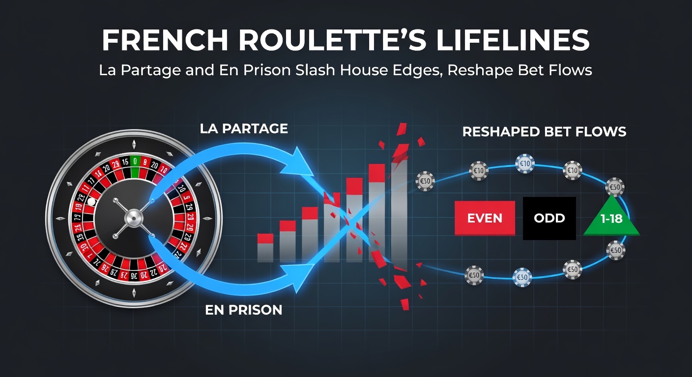 Classic French Roulette wheel and table layout highlighting even-money bet areas with La Partage and En Prison rule notations