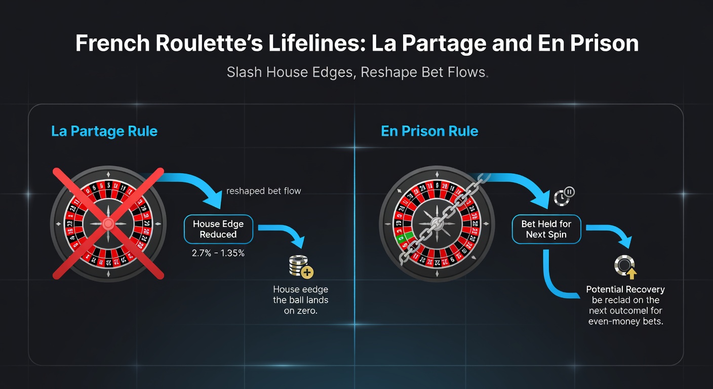 Infographic comparing house edges across roulette variants, with French Roulette's La Partage and En Prison prominently slashing even-money disadvantages