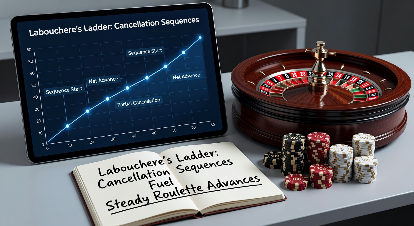 Diagram showing a Labouchere betting sequence on a roulette table layout, with numbers crossed off after wins
