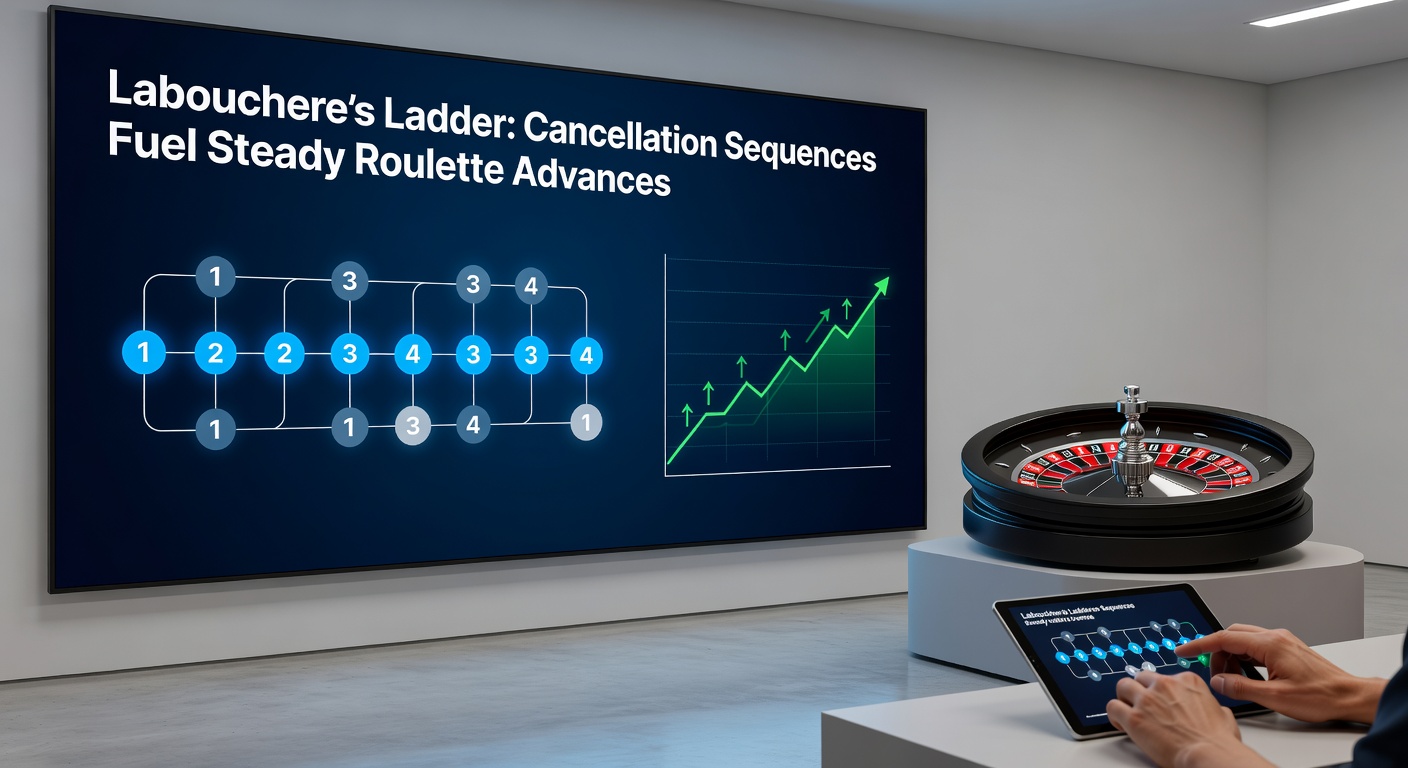 Close-up of a roulette wheel with overlaid Labouchere sequence annotations during a betting round