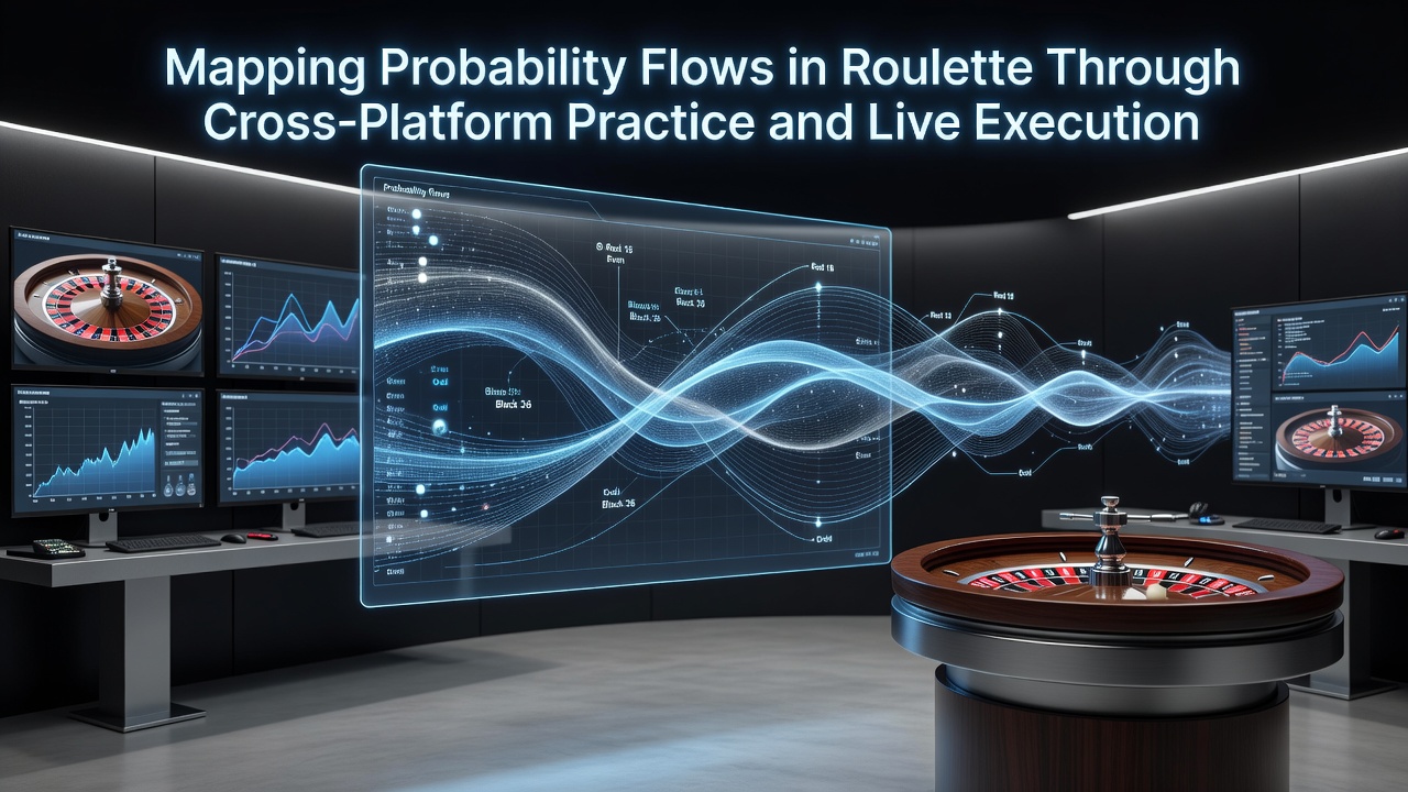 Roulette wheel with overlaid probability flow diagrams showing ball trajectories across digital and physical setups