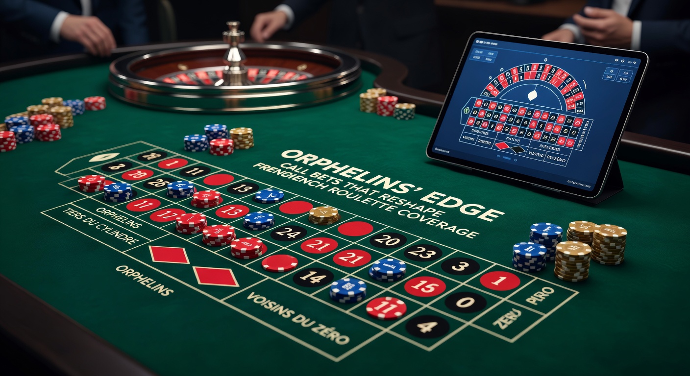 Close-up of a French roulette table layout with Orphelins call bet chips placed on splits and the straight-up 1, illustrating precise croupier positioning