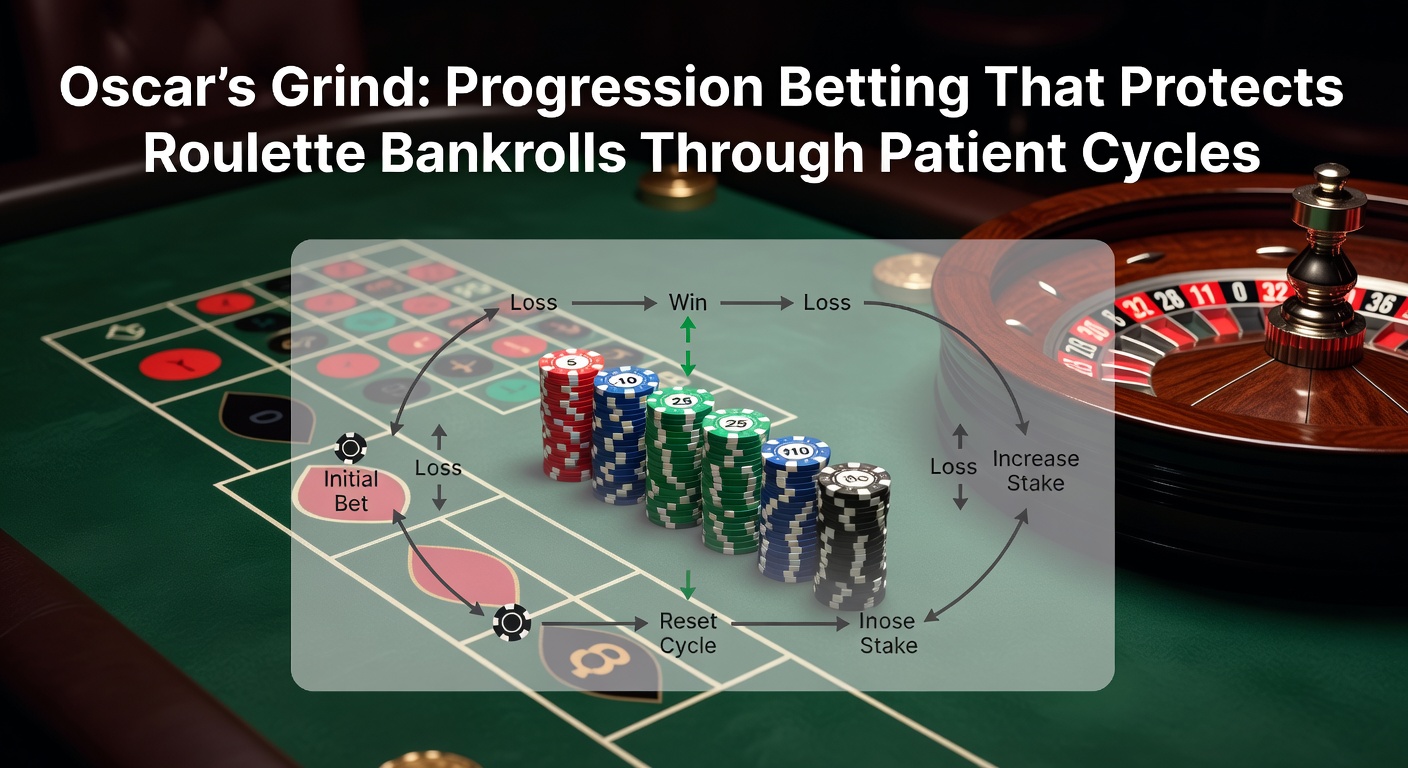 Illustration of a roulette wheel with a progression betting chart overlay showing Oscar's Grind cycles building steady profits