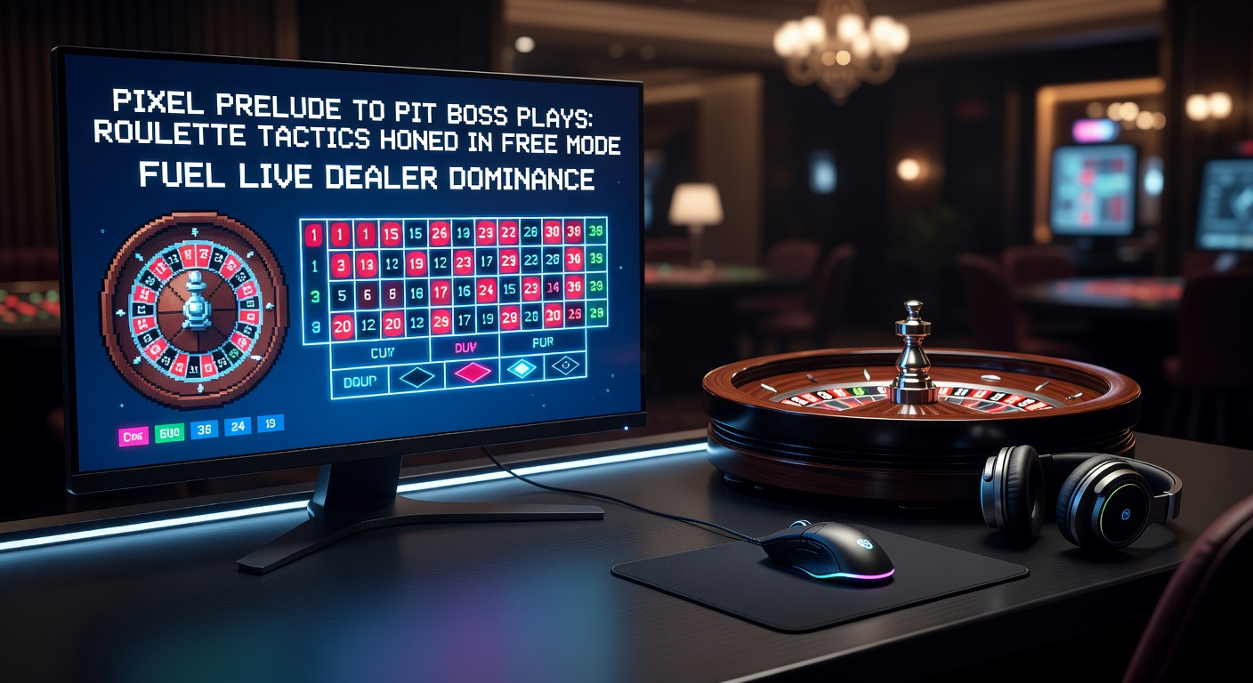 A vibrant digital roulette wheel spinning on a computer screen, transitioning to a live dealer table in a casino pit