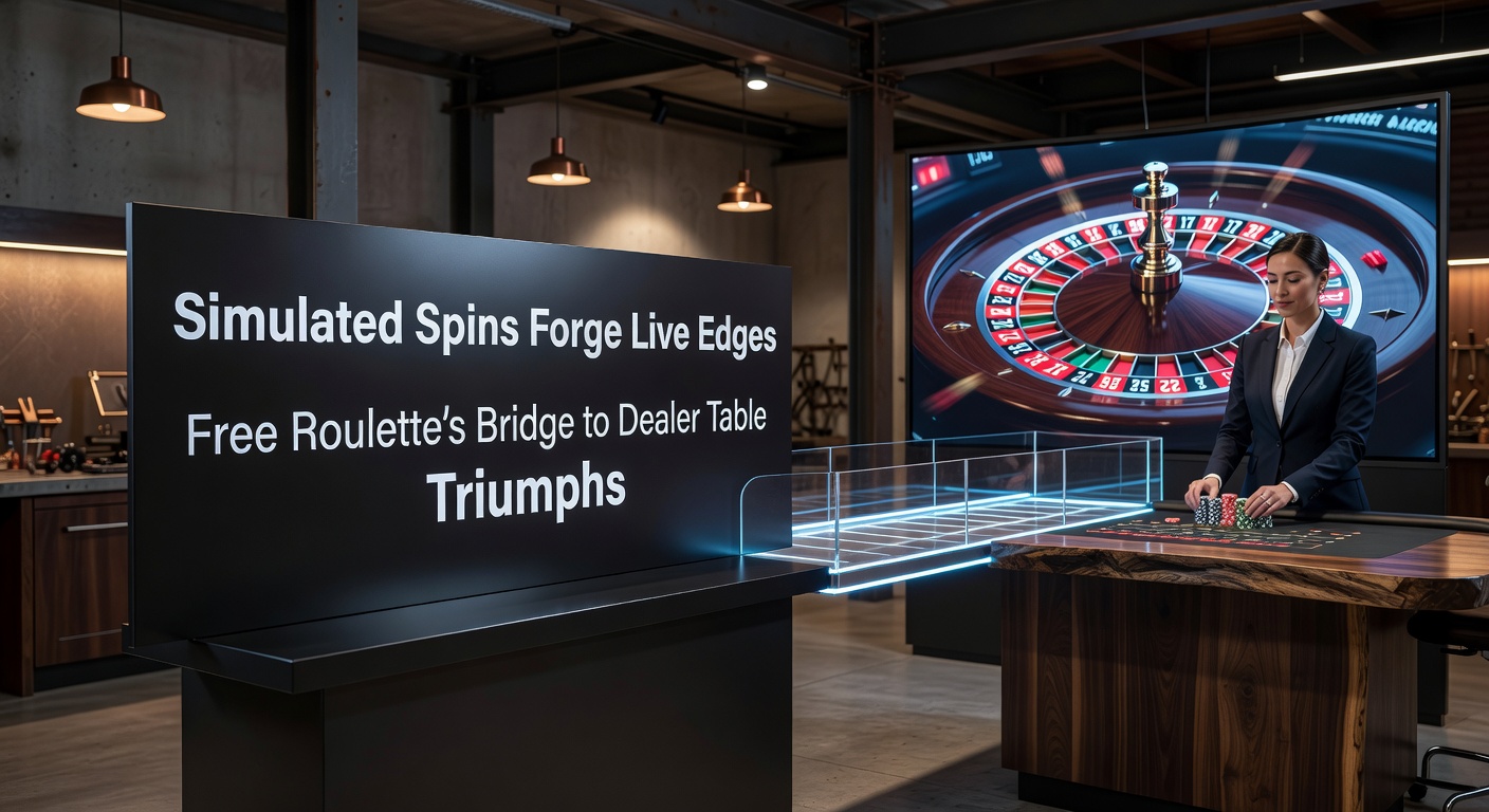 Digital roulette wheel spinning in a simulated free play environment, transitioning to a live dealer table setup