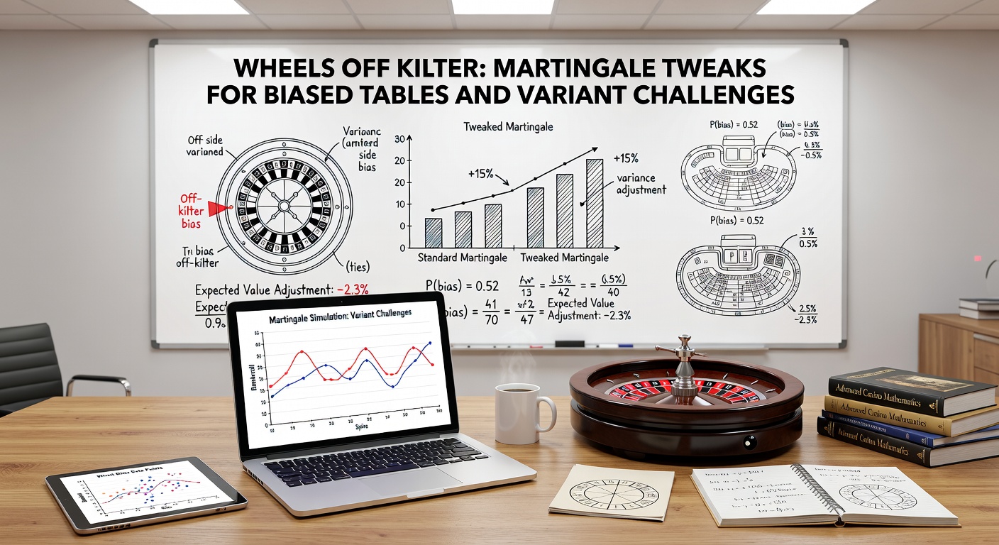 Close-up of roulette wheel sectors with highlighted biased zones and Martingale bet progression chart overlaid